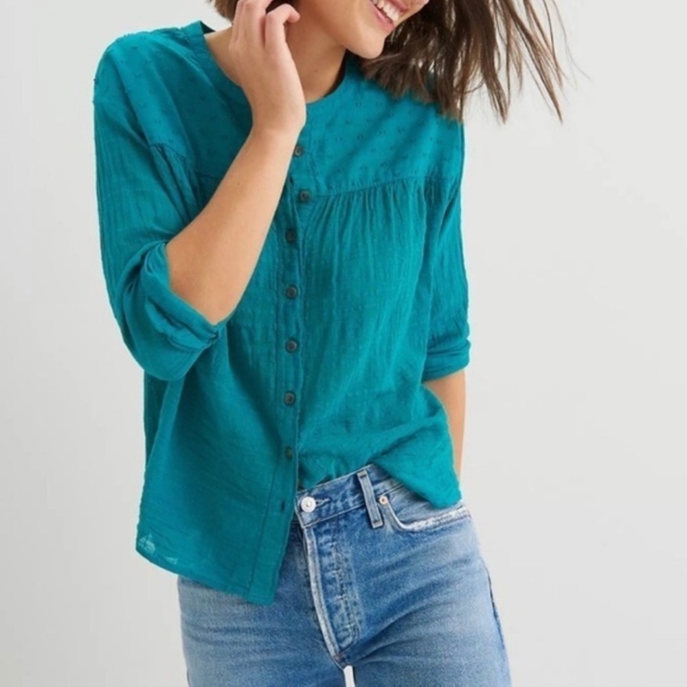 Anthropologie Pilcro Mila Draped Swiss Dot Button Down Cotton Blouse Teal Boho